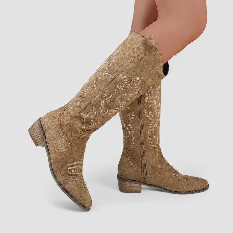 Orthopedic western boots, khaki suede with embroidered patterns, mid-calf shaft