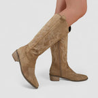 Orthopedic western boots, khaki suede with embroidered patterns, mid-calf shaft
