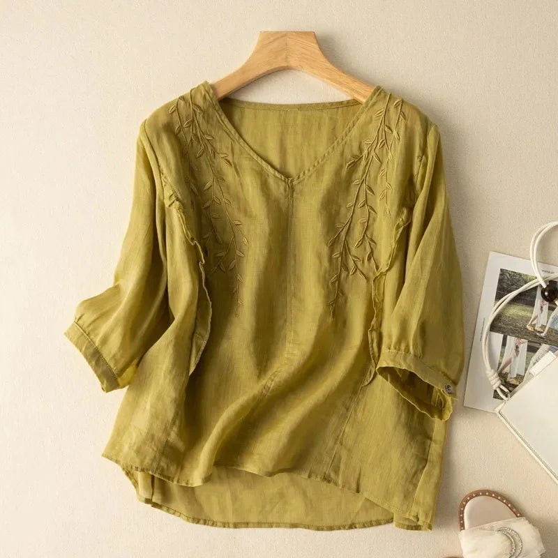Yellow cotton-linen loose top with embroidered leaf panel and short sleeves