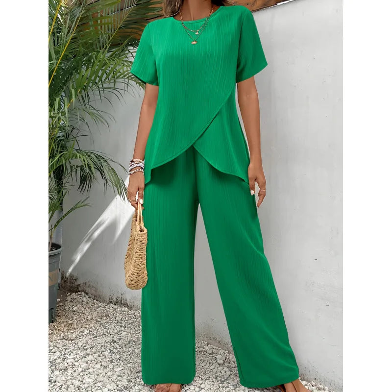 Green draped two-piece set: short-sleeve top and wide-leg pants