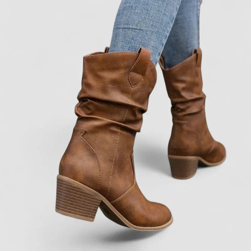 Brown leather orthopedic ankle boots with ruched shaft and chunky block heel