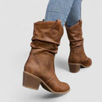 Brown leather orthopedic ankle boots with ruched shaft and chunky block heel