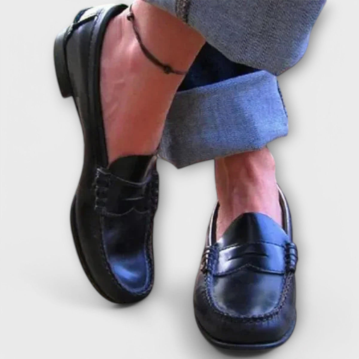 Women's classic loafers, black and blue leather slip-on with moc seam detailing