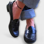 Women's classic loafers, black and blue leather slip-on with moc seam detailing