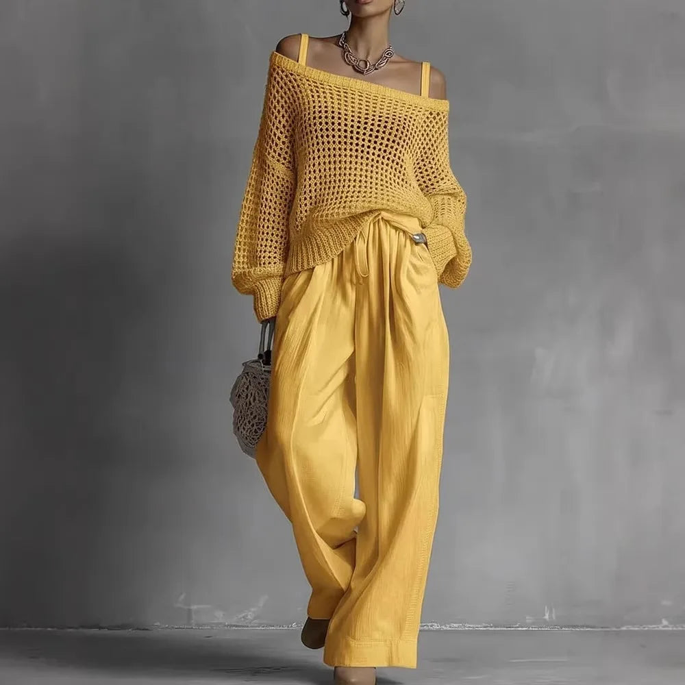 Yellow off-shoulder crochet top and matching drawstring wide-leg pants set