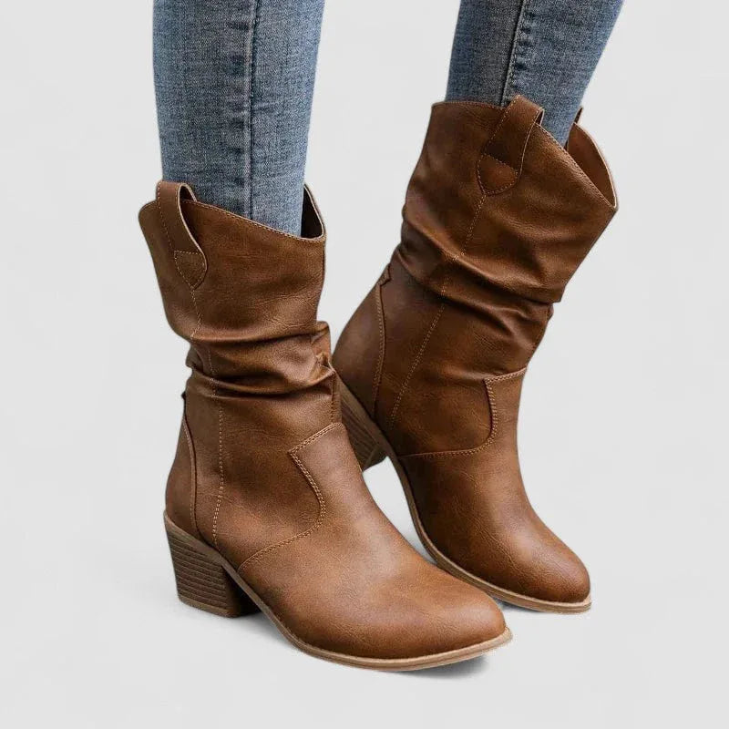 Brown leather orthopedic ankle boots with ruched shaft and chunky block heel