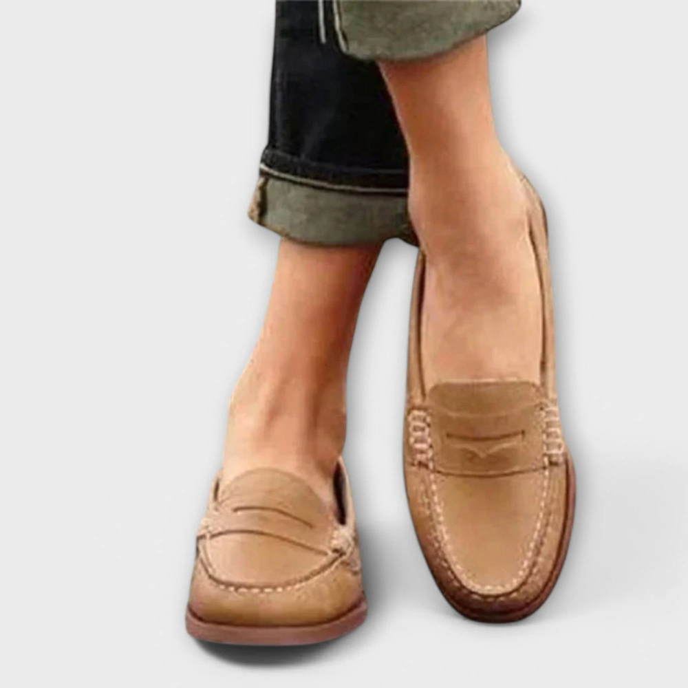 Women's classic loafers, tan uppers with stitched moc toe detail