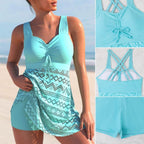 Turquoise ruched tankini swim dress collage: front and back views with V-neck tie