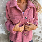 Pink teddy jacket with flap chest pockets and dark button front