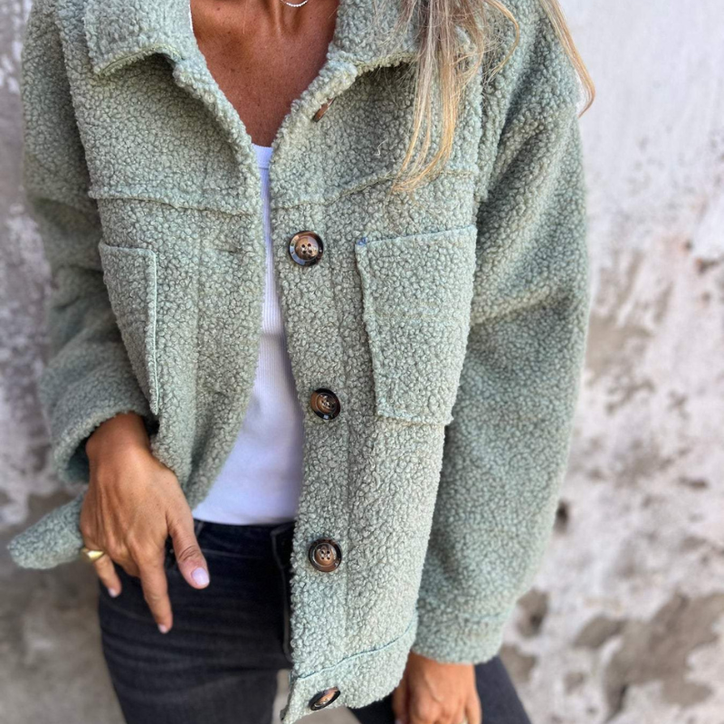 Sage green teddy jacket with button placket and flap chest pockets