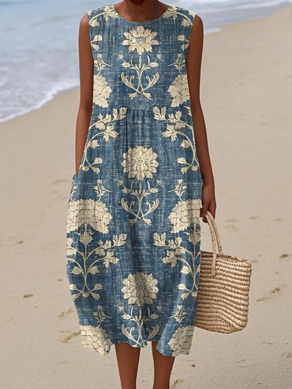 Sleeveless boho midi dress in blue and cream floral print