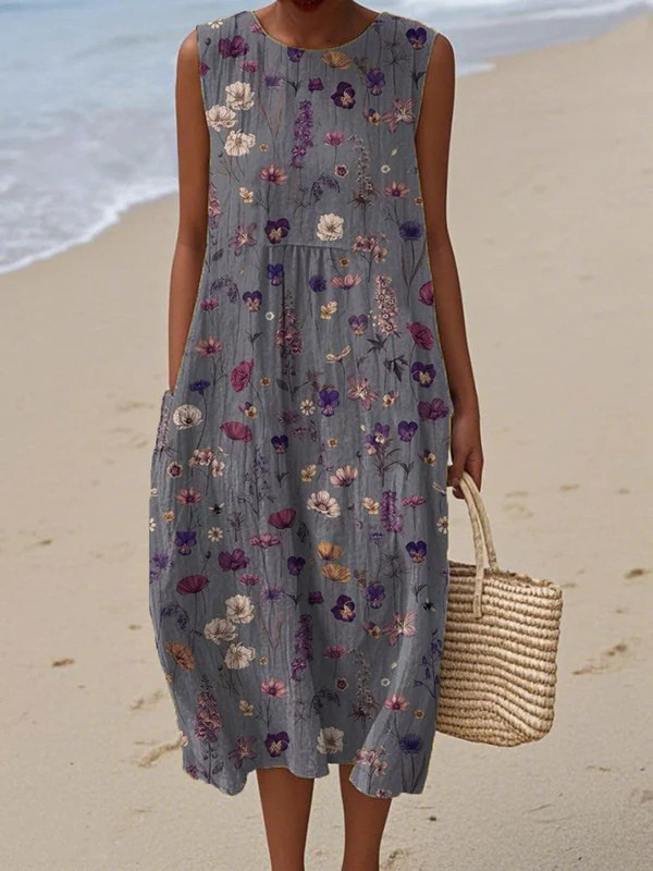 Gwen™ floral midi dress, sleeveless round neck with gathered waist, multicolor print