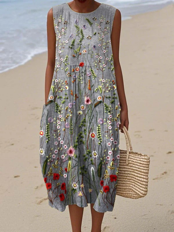 Wildflower midi dress, sleeveless gray with multicolor floral embroidery and tiered skirt