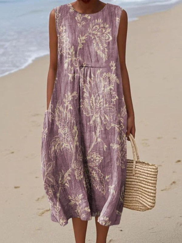 Mia™ floral midi dress in lavender with sleeveless round neckline and gathered waist