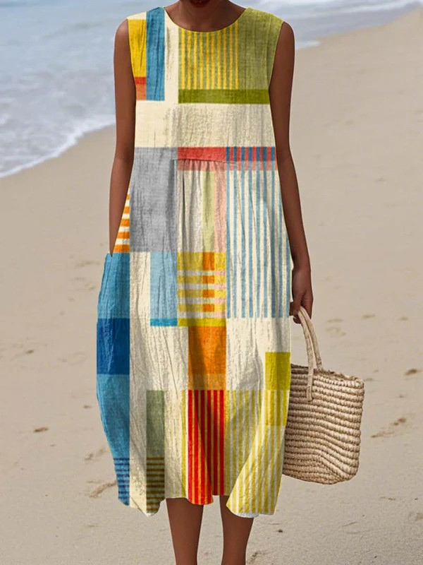 Multicolor geometric patchwork midi dress, sleeveless with round neckline