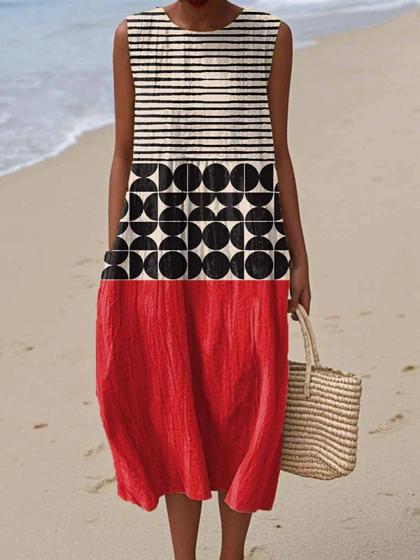 Colorblock midi dress, sleeveless; cream and black circle stripe top, red tiered skirt