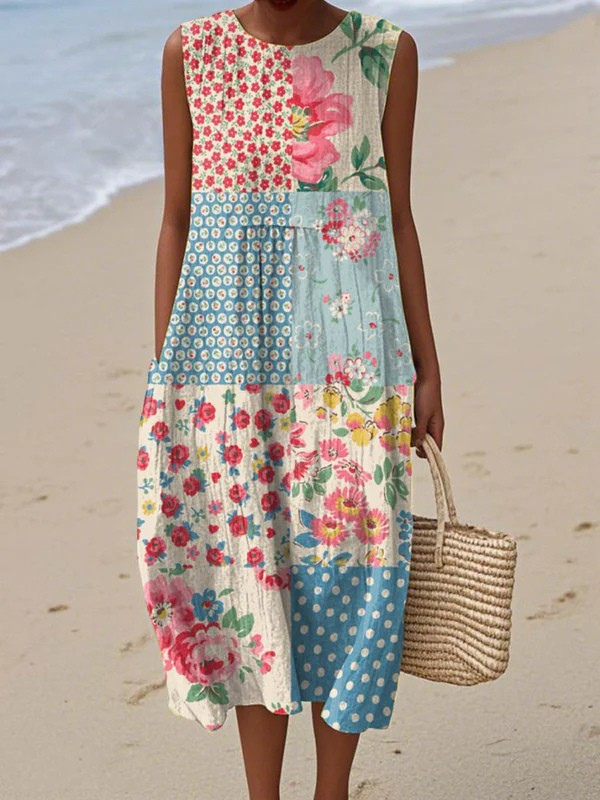 Anna™ patchwork midi dress, sleeveless floral multicolor, round neckline