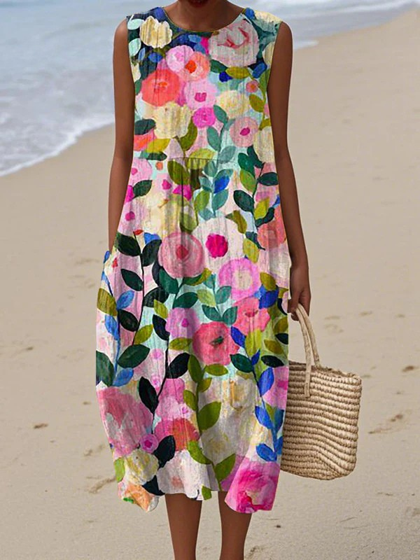 Multicolor floral midi dress, sleeveless with round neckline and relaxed fit