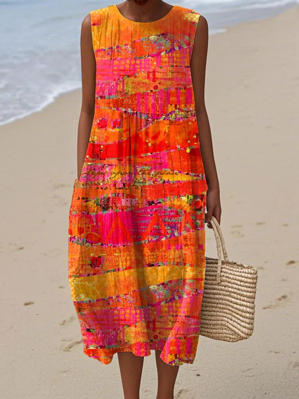 Faya™ Sunset midi dress, sleeveless crew neck, multicolor patchwork pattern