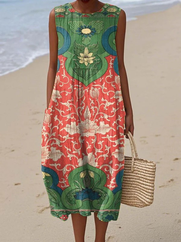 Bohemian midi dress with sleeveless rounded neckline, red and green multicolor floral pattern