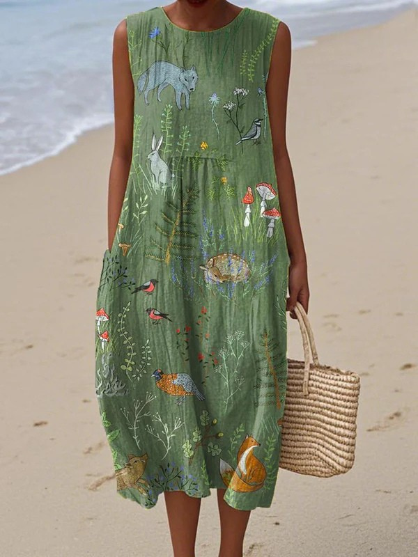 Green sleeveless midi dress with woodland animal print, gathered A-line silhouette