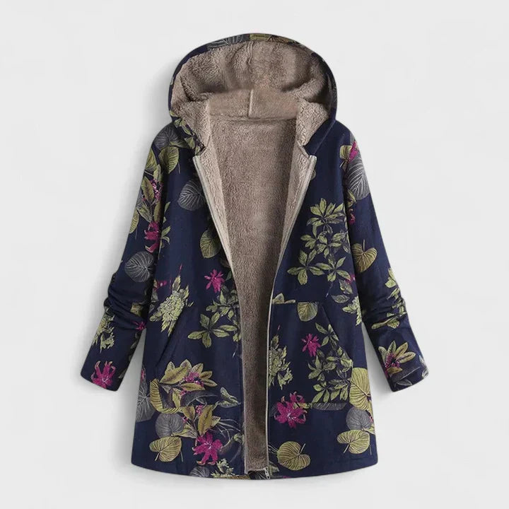Floral vintage parka with hood, front zip, beige faux-fur lining, dark blue leaf print