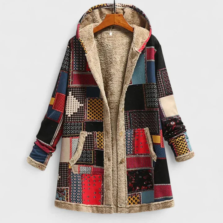 Patchwork vintage parka with hood, front zip, beige faux-fur lining, multicolor tile pattern