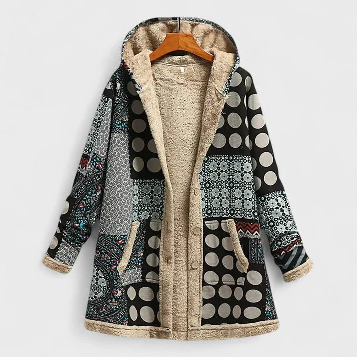 Geometric vintage parka with hood, front zip, beige faux-fur lining, black and white circles