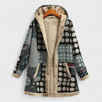 Geometric vintage parka with hood, front zip, beige faux-fur lining, black and white circles