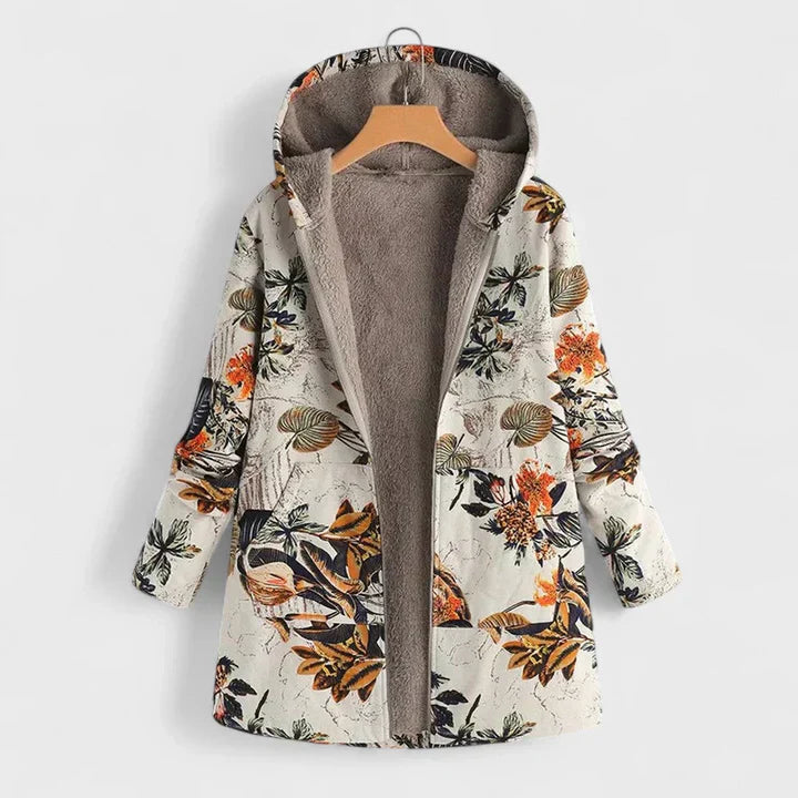 Floral vintage parka with hood, front zip, beige faux-fur lining, orange and leaf print