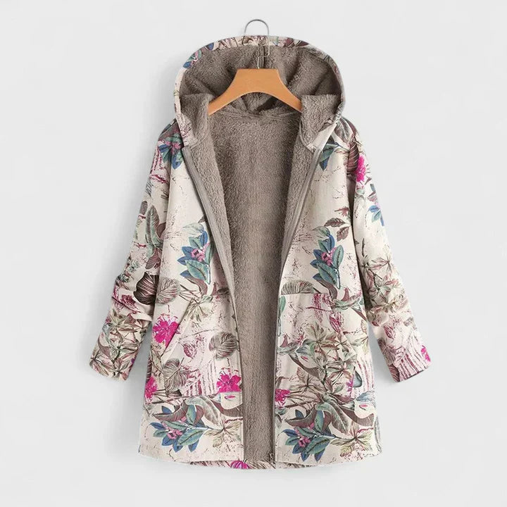 Floral vintage parka with hood, front zip, beige faux-fur lining, cream and pink-blue print