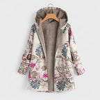 Floral vintage parka with hood, front zip, beige faux-fur lining, cream and pink-blue print