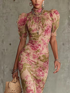 Pink rose-print bodycon maxi dress with puff sleeves and ruched front detail