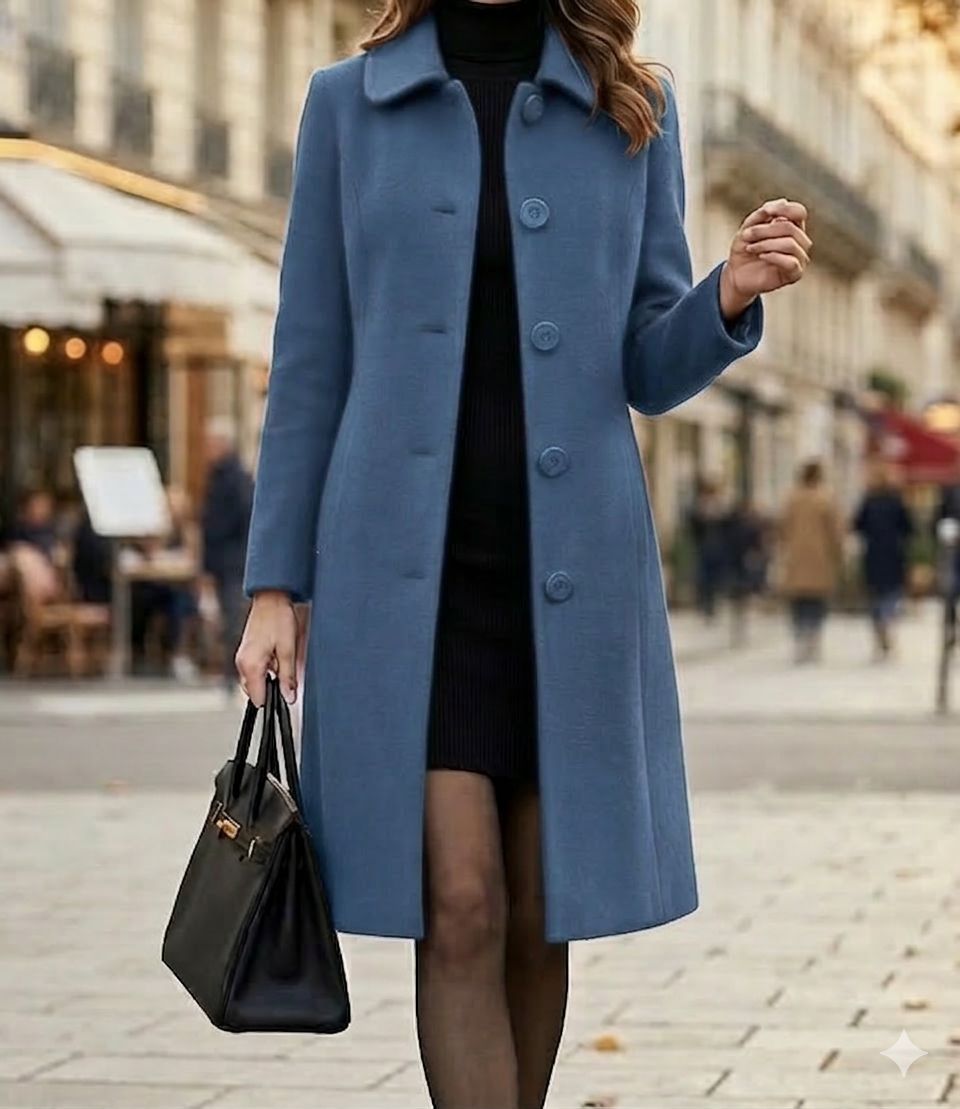Blue long coat with notched lapels and button front, worn over a dark dress