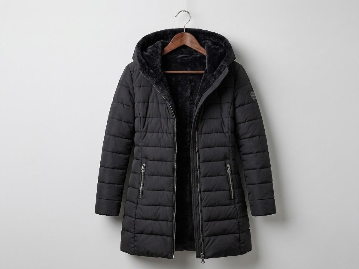 Olivia™ quilted A-line winter coat in black with hood lining and zip front.