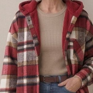 Plaid hooded flannel shacket detail, burgundy and black plaid with cream hood