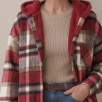 Plaid hooded flannel shacket detail, burgundy and black plaid with cream hood