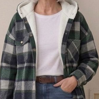 Plaid hooded flannel shacket with tan sherpa lining, dark green and black check