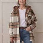 Brown-and-tan plaid hooded flannel shacket with sherpa hood lining and button front