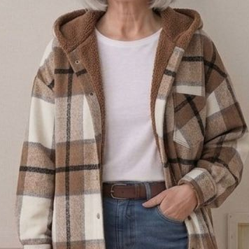 Brown-and-tan plaid hooded flannel shacket with sherpa lining and button placket