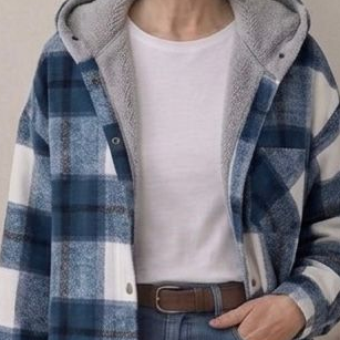 Plaid hooded flannel shacket detail, blue plaid with gray sherpa hood