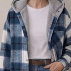 Plaid hooded flannel shacket detail, blue plaid with gray sherpa hood