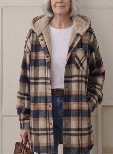 Tan-and-brown plaid hooded flannel shacket with sherpa-lined hood and front buttons