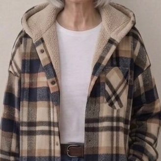 Tan-and-brown plaid hooded flannel shacket with sherpa hood lining and button placket