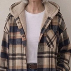 Tan-and-brown plaid hooded flannel shacket with sherpa hood lining and button placket