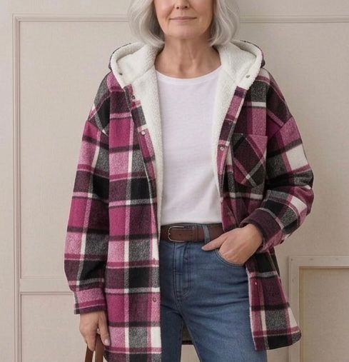 Plaid hooded flannel shacket with burgundy, black, and cream lining