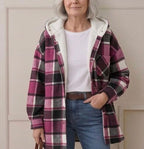 Plaid hooded flannel shacket with burgundy, black, and cream lining