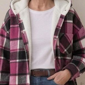 Plaid hooded flannel shacket front view, burgundy and black with cream hood