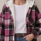 Plaid hooded flannel shacket front view, burgundy and black with cream hood