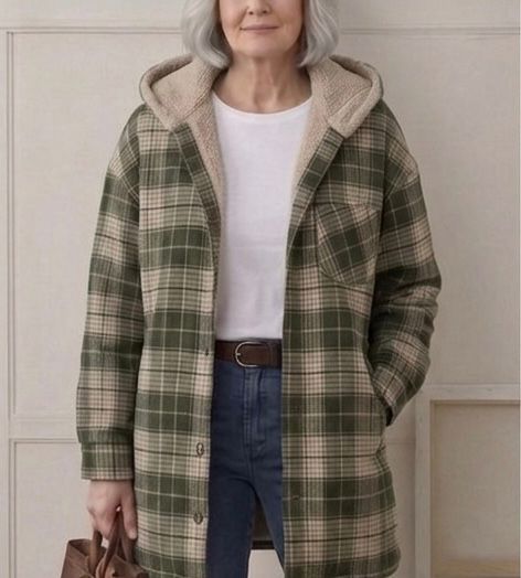 Green and cream plaid hooded flannel shacket with tan sherpa lining, front buttons